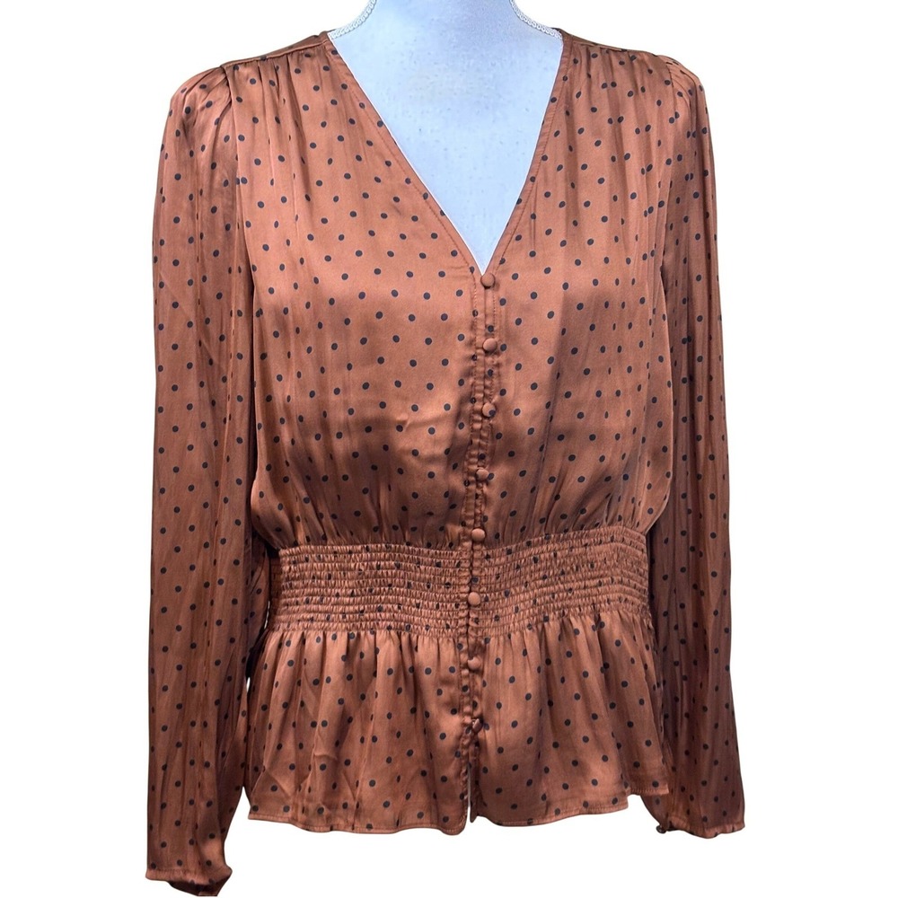 Banana Republic Polka Dot Smocked Waist Peplum Blouse Bronze Brown Large NWT